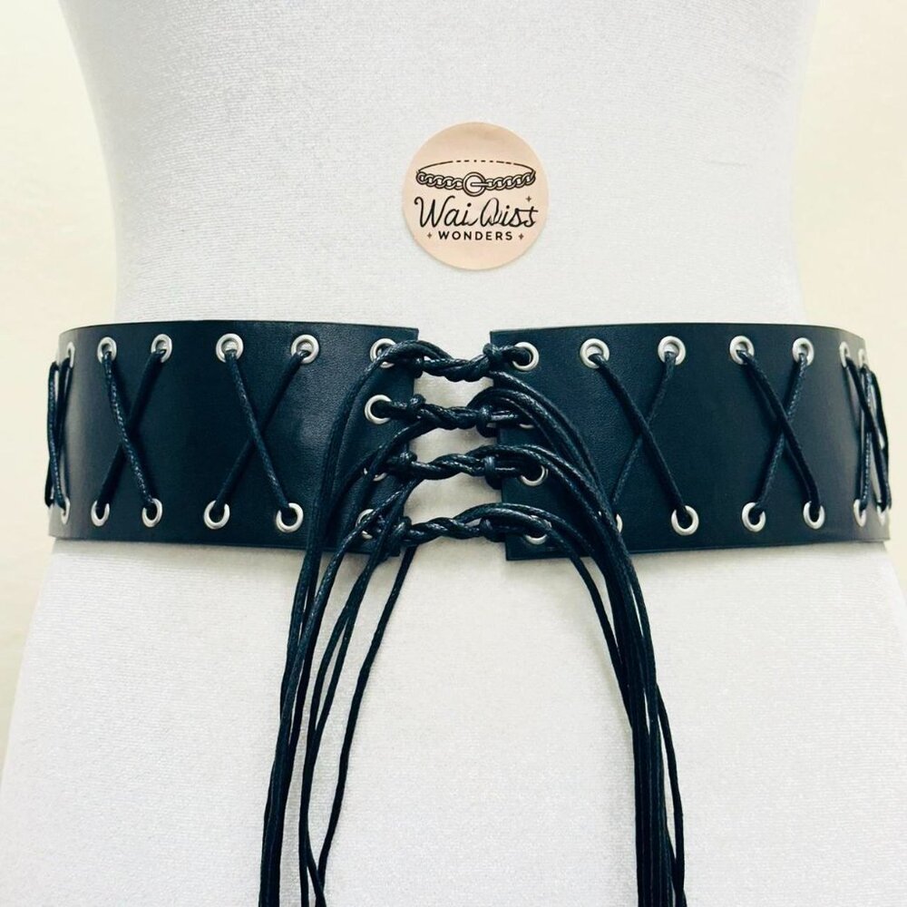 Y2K 2000s style Black leather lace-up corset belt with silver hardware